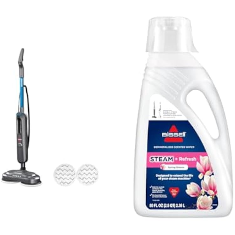 Bundle of BISSELL SpinWave SmartSteam Scrubbing Steam Mop with Rotating Mop Pads  Bissell Spring Breeze Steam Water 80oz
