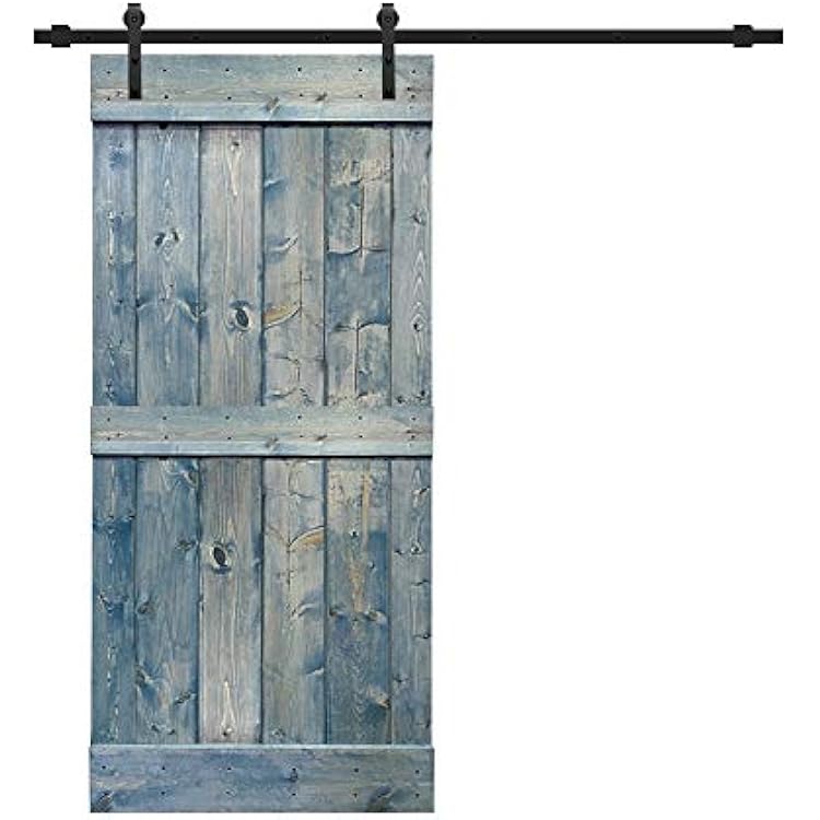 TMS Mid-Bar Stained Solid Knotty Pine Wood Interior Sliding Barn Door with Sliding Hardware Kit 84 X 36, Denim Blue