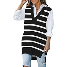Viottiset Women's Oversized Stripe V Neck Tunic Knit Sweater Vest Sleeveless Top Black L, 1-black Stripe