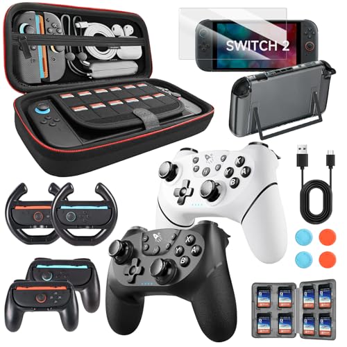 حقيبة حمل كبيرة السعة من AceGamer لجهاز Nintendo Switch 2 (2025) - مجموعة ملحقات 3 في 1 مع واقيات شاشة وحامل بطاقة ألعاب و12 خرطوشة ألعاب وحقيبة سفر محمولة ذات غلاف صلب باللون الرمادي