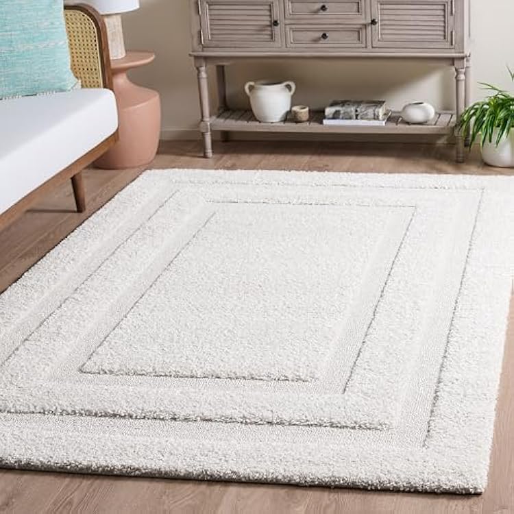 سجادة منطقة مجموعة SAFAVIEH Florida Shag - 6 x 9، كريم وكريم، تصميم حدودي، غير متساقط وسهل العناية، سمك 1.2 بوصة مثالي للمناطق ذات حركة المرور العالية في غرفة المعيشة، غرفة النوم SG454-1111