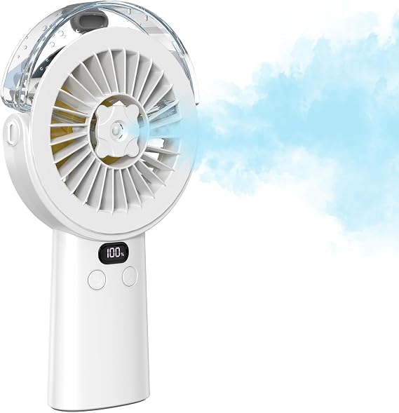 BQSS Handheld Misting Fan Portable, 4000mAh Rechargeable Misting Fan with LED Display, 5 Speed, 2 Spray Modes, 5-15 Hrs Runtime, Hand & Desk Portable Misting Fan for Travel Home Office Outdoor White
