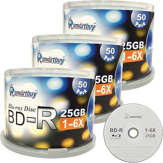 Smartbuy 150-disc 25gb 6X Bd-r BDR Blu-ray طبقة واحدة شعار أعلى سطح فارغ بيانات قرص وسائط قابلة للتسجيل مع Cakebox / Spindle Packing
