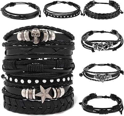 CoguZed 6 Pack Leather Punk Bracelets Gothic Studded Cuff with Spike Rivets, Adjustable Wristband for Men & Women ayered Alternative Jewelry for DailyParty Wear