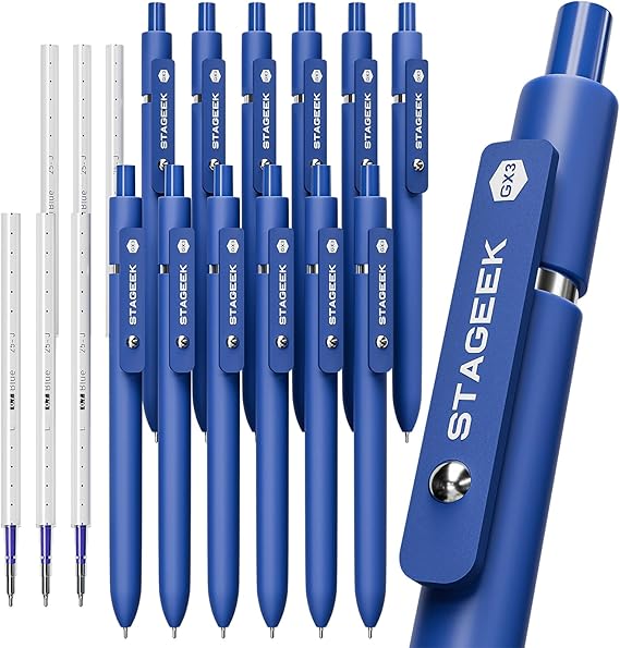 STAGEEK Blue Gel Pens GX3, 12Pcs Quick Dry Blue Ink Pens with 3 Extra Refills, Fine Point Retractable Smooth Writing Pens for Journaling, Office, Note Taking, School Supplies, Nurse Aesthetic(Blue)