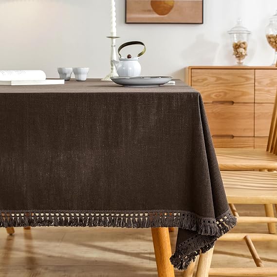 AmHoo Linen Tablecloth Table Stitching Tassel Rectangle Decorative Table Cover for Kitchen Dinning Wedding Buffet 55 x 55 بوصة بني